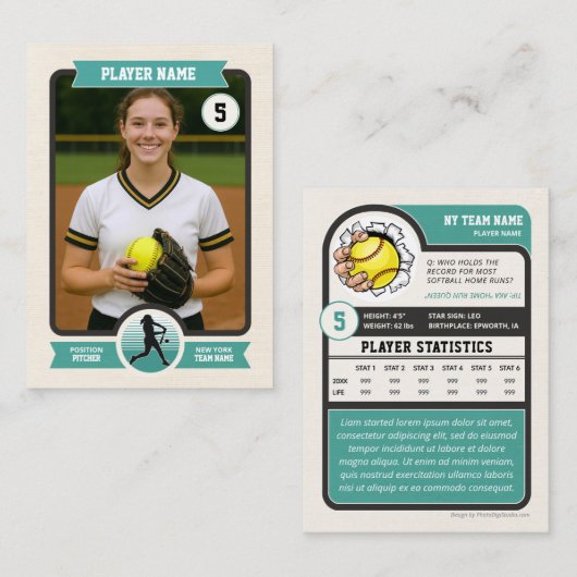 Custom Softball Trading Card, Teal Retro Player コーリングカード (正面/裏面)