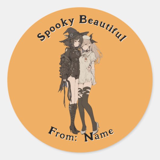 Custom Spooky Beautiful Goth Anime Girl Halloween ラウンドシール (正面)