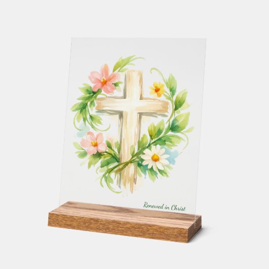 Custom Spring Cross Acrylic "Renewed in Christ" アクリルサイン (傾斜)