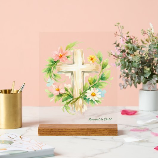 Custom Spring Cross Acrylic "Renewed in Christ" アクリルサイン (ウェディング)
