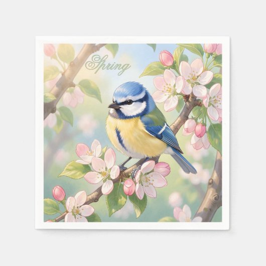 Custom Spring Party Blue Tit Bird on Apple Tree スタンダードカクテルナプキン (正面)
