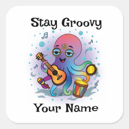 Custom Square Sticker | Retro Octopus Name & Text スクエアシール (正面)