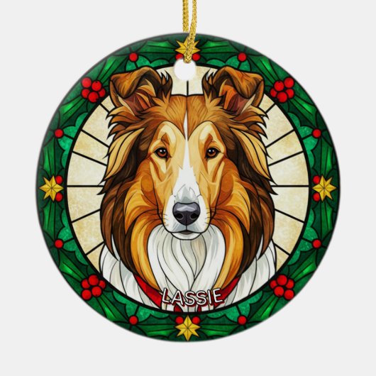 Custom Stained glass effect DOG'S name Christmas  セラミックオーナメント (正面)