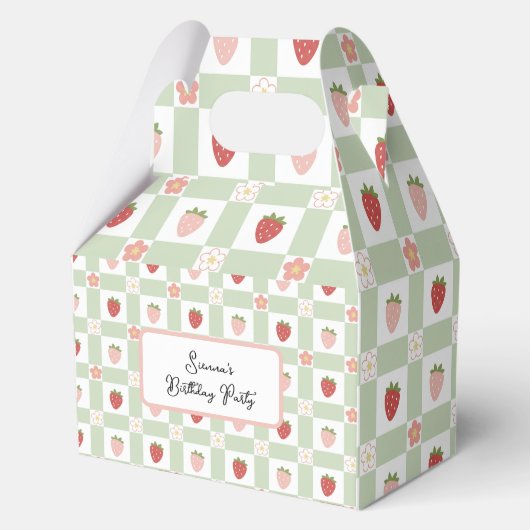 Custom Strawberry Gingham Birthday フェイバーボックス (正面)