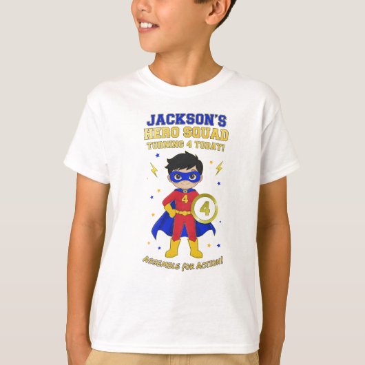 Custom Superhero Boy 4th Birthday Hero Squad  Tシャツ (正面)