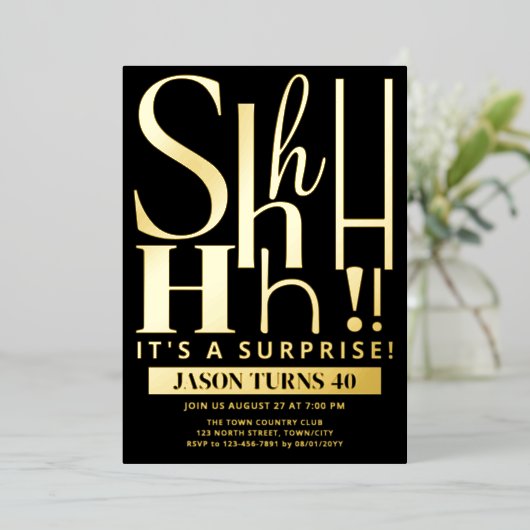 Custom Surprise Birthday Party Invite, Shhh Secret 箔招待状 (立ち正面)