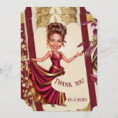 Custom Sweet 16 gold and Ruby Red caricature サンキューカード (正面/裏面)