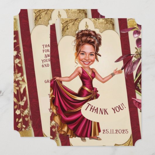 Custom Sweet 16 gold and Ruby Red caricature サンキューカード (正面/裏面)