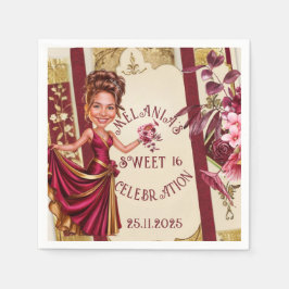 Custom Sweet 16 gold and Ruby Red caricature スタンダードカクテルナプキン
