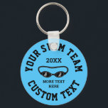 Custom swimming team keychain for swimmers キーホルダー<br><div class="desc">Custom swimming team keychain for swimmers. Add your own personalized text. Modern design with swim goggles logo or custom icon. Blue pool color background.</div>
