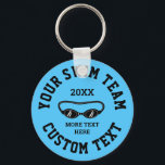 Custom swimming team keychain for swimmers キーホルダー<br><div class="desc">Custom swimming team keychain for swimmers. Add your own personalized text. Modern design with swim goggles logo or custom icon. Blue pool color background.</div>