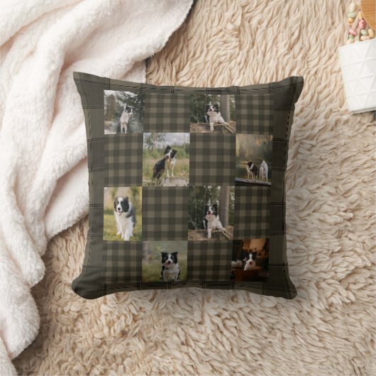 Custom Tan and Brown Plaid 8 Photo Collage クッション (ブランケット)