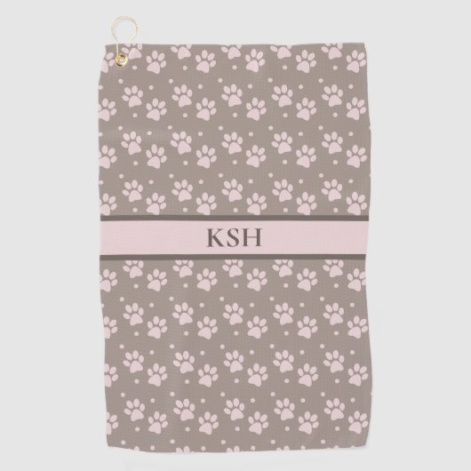 Custom Taupe & Pink Paw Print Golf Towel ゴルフタオル (正面)