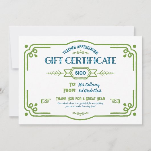 Custom Teacher Appreciation Gift Certificate カード (正面)