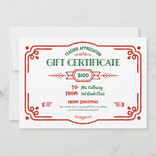 Custom Teacher Appreciation Gift Certificate カード (正面)