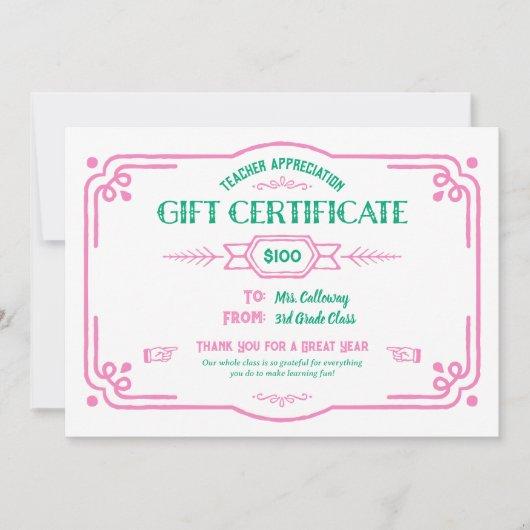 Custom Teacher Appreciation Gift Certificate カード (正面)