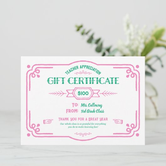 Custom Teacher Appreciation Gift Certificate カード (スタンド正面)