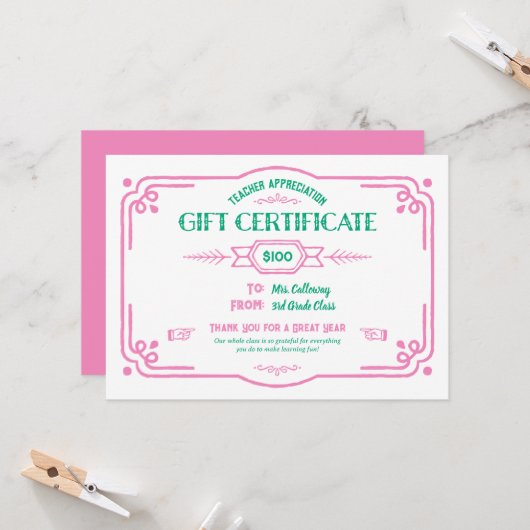 Custom Teacher Appreciation Gift Certificate カード (正面/裏面インサイチュ)