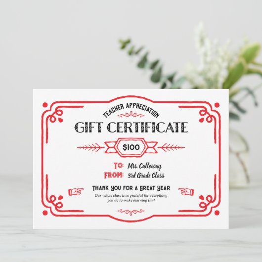 Custom Teacher Appreciation Gift Certificate カード (スタンド正面)