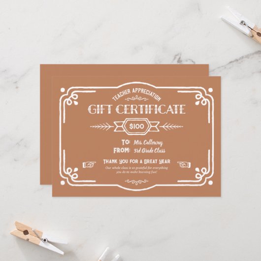 Custom Teacher Appreciation Gift Certificate Card カード (正面/裏面インサイチュ)
