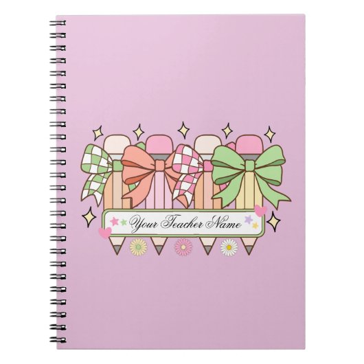 Custom Teacher Name Notebook | Cute Bow Teacher ノートブック (正面)