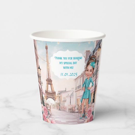 Custom Teal and Roses Sweet 16 in Paris 紙コップ (裏面)