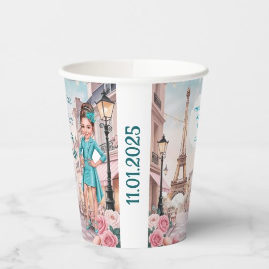 Custom Teal and Roses Sweet 16 in Paris 紙コップ (左)