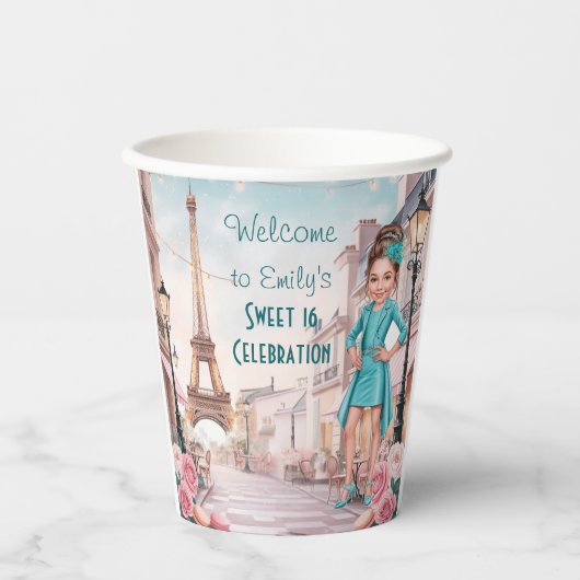 Custom Teal and Roses Sweet 16 in Paris 紙コップ (正面)