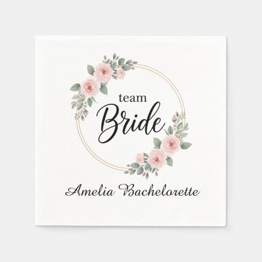 Custom Team Bride Bachelorette Pink Floral Gold スタンダードカクテルナプキン (正面)