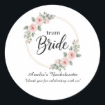Custom Team Bride Bachelorette Pink Floral Gold ラウンドシール<br><div class="desc">Add a touch of floral elegance to your wedding favors! These beautiful round stickers feature the romantic Team Bride design with a gold hoop and pink watercolor roses. Perfect for sealing envelopes, decorating gift boxes, or labeling party favors for your bridal shower and bachelorette party. High-quality and vibrant, they are...</div>