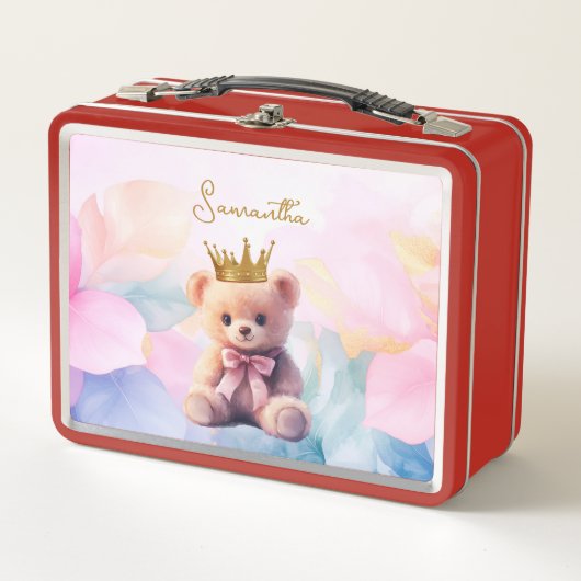 Custom Teddy Bear Pink Ribbon Gold Crown メタルランチボックス (正面)