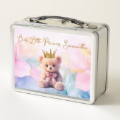 Custom Teddy Bear Pink Ribbon Gold Crown メタルランチボックス (裏面)