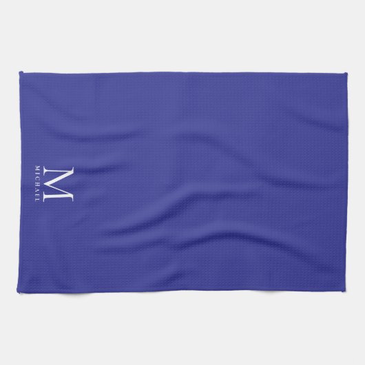 Custom Template Trendy Elegant Deep Blue Monogram キッチンタオル (横)