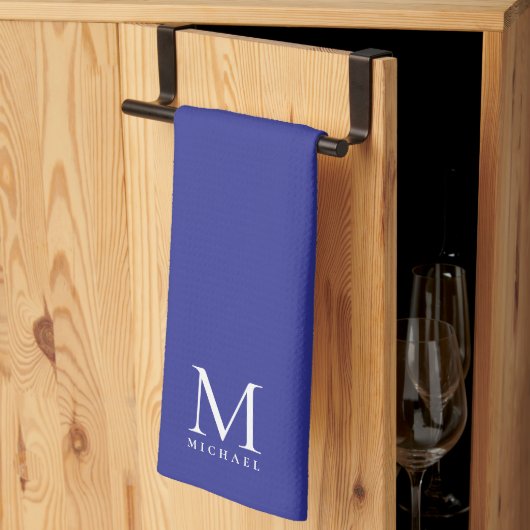 Custom Template Trendy Elegant Deep Blue Monogram キッチンタオル (三つ折り)