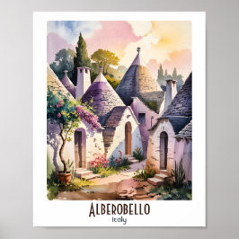 Custom Text Alberobello Italy Trulli Watercolor ポスター