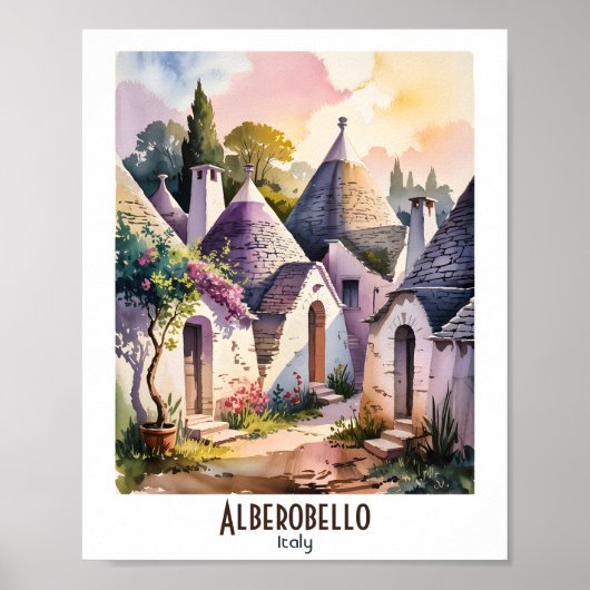 Custom Text Alberobello Italy Trulli Watercolor ポスター (正面)