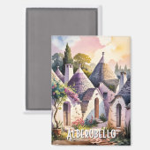 Custom Text Alberobello Italy Trulli Watercolor マグネット (正面/裏面)