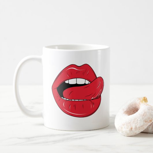 Custom Text Funny Red Lips Cartoon Mouth コーヒーマグカップ (ドーナツ)