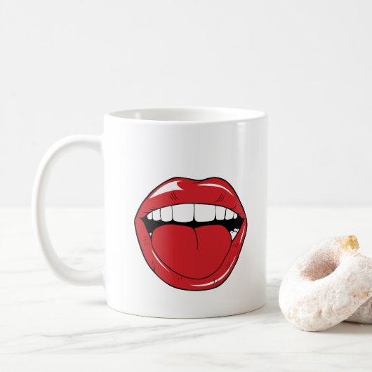 Custom Text Funny Red Lips Cartoon Mouth コーヒーマグカップ (ドーナツ)