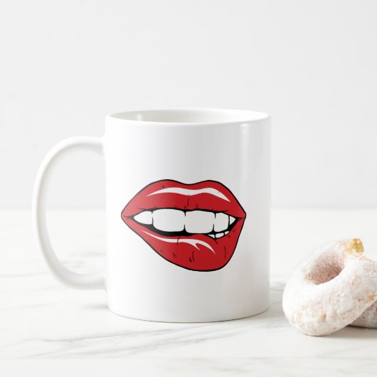 Custom Text Funny Red Lips Cartoon Mouth コーヒーマグカップ (ドーナツ)