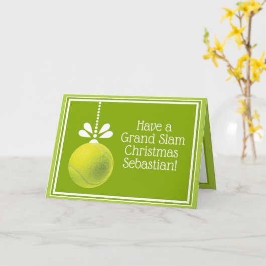 Custom text  green Tennis bauble Christmas  カード (黄色い花)