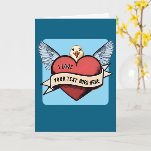 Custom Text | Heart Funny Seagull Tattoo  カード (黄色い花)