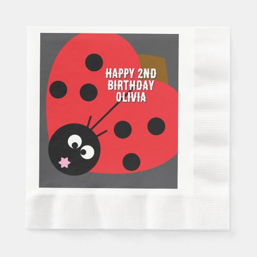 Custom Text Ladybird Party Napkin – Cute Cartoon  縁ありランチョンナプキン (正面)