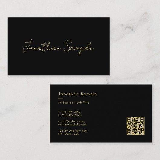 Custom Text QR Code Elegant Minimal Black Gold 名刺 (正面/裏面)