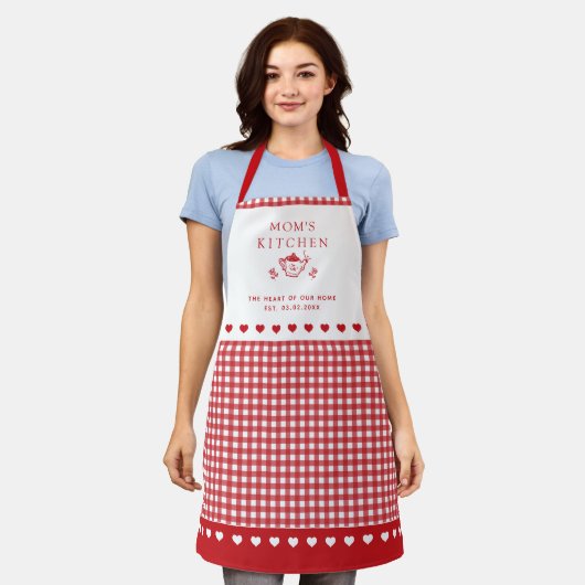 Custom Text Red & White Buffalo Check Gingham  エプロン (着用した状態)