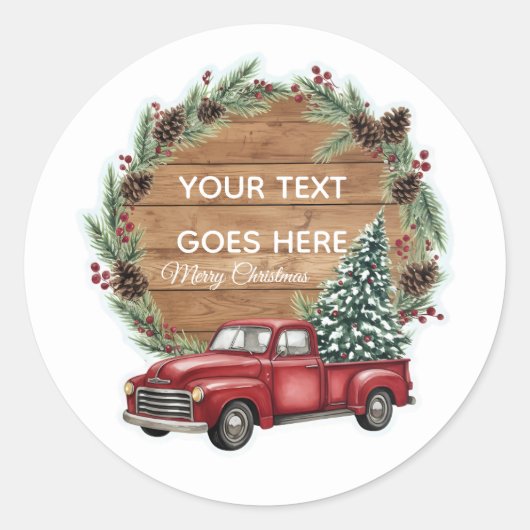 Custom Text Rustic Red Truck Christmas Wreath ラウンドシール (正面)
