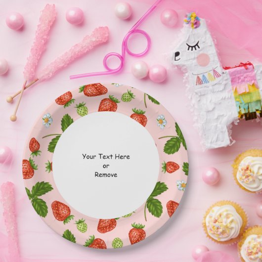 Custom Text Strawberry Pattern Pink Background ペーパープレート (パーティー)