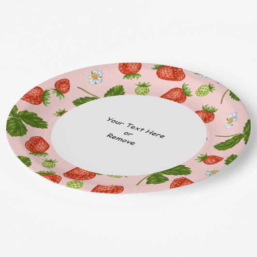 Custom Text Strawberry Pattern Pink Background ペーパープレート (アングル)