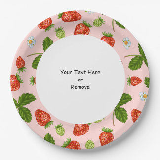 Custom Text Strawberry Pattern Pink Background ペーパープレート