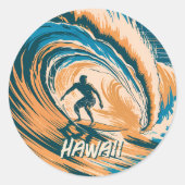 Custom Text Surfer Surfing Waves Minimal Retro Art ラウンドシール (正面)